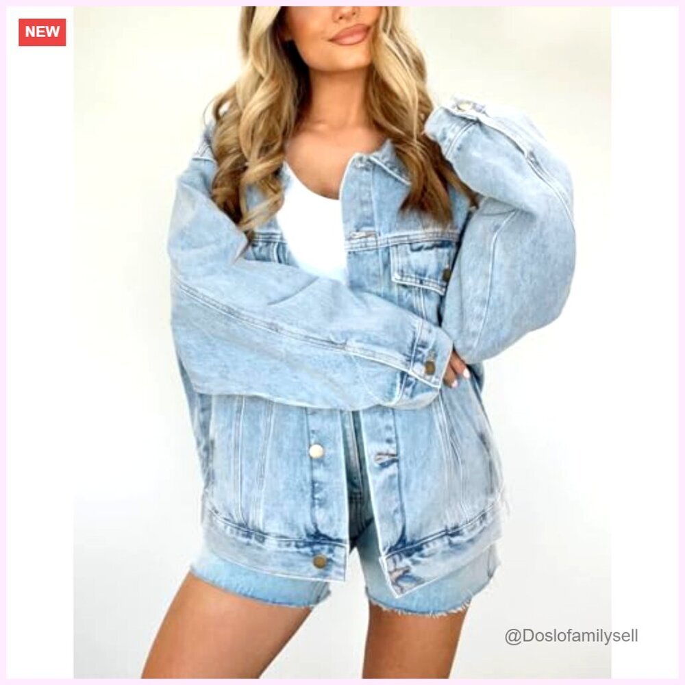 Oversized Denim Jacket Long Sleeve Button Down Trucker Shacket Women's - Picture 3 of 7